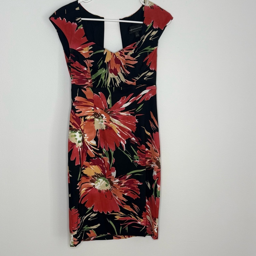Connected Apparel Black Dress with Red Floral Design
